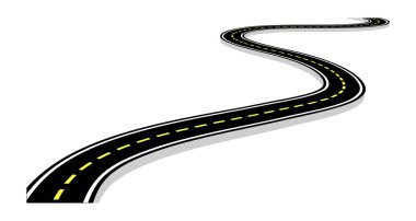 Otoyol, eğri yol işaretleri bırakıyor. 3D vektör çizim üzerinde beyaz