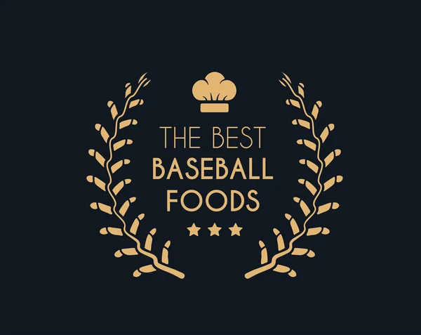 Emblem für die besten Baseball-Lebensmittel, bestehend aus einem Kranz aus Baseball-Schnürsenkeln und Kochmütze. Vektor — Stockvektor