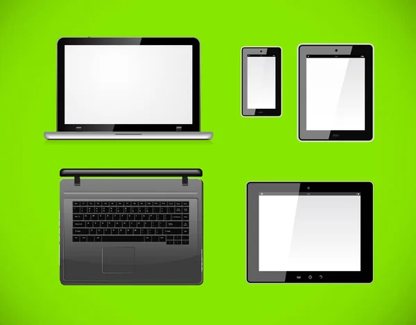 Laptop, tablet pc computer and mobile smartphone with a blank screen. Isolated on a green background. Vector — Stock Vector