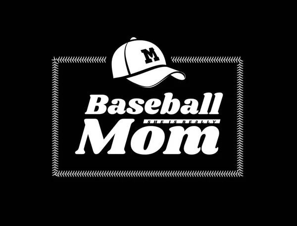 Baseball mom emblem with baseball lacing and a hat on black background. Vector — Stock Vector