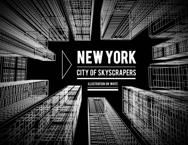 New York est une ville de gratte-ciel. Illustration vectorielle dans le style dessin sur un noir. Vue des gratte-ciel ci-dessous — Image vectorielle