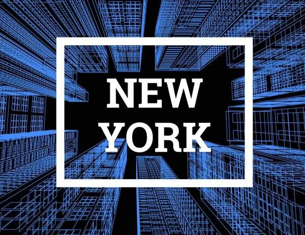 New York è una città di grattacieli. Illustrazione vettoriale nello stile di disegno su un nero. Vista dei grattacieli sottostanti — Vettoriale Stock