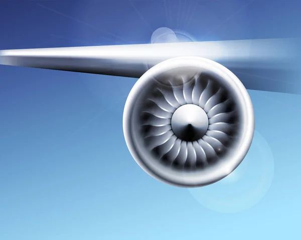 涡轮发动机喷气机飞机与风扇叶片在圆形运动。飞机工业的矢量图。蓝色背景特写 — 图库矢量图片