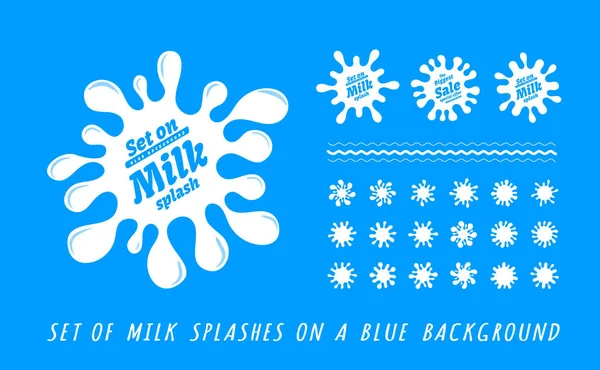 Set of milk splashes, spots, frames. Vector illustration on blue background — Stock Vector