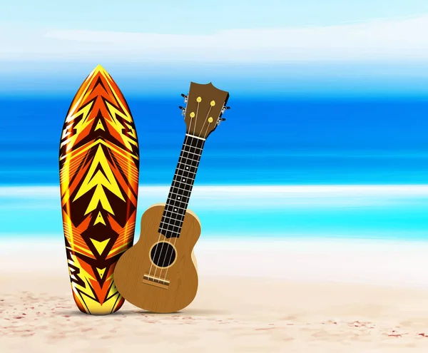Κιθάρα από το γιουκαλίλι και σανίδα του σερφ στην παραλία, στο φόντο της θάλασσας ή του ωκεανού. Εικονοδιάνυσμα σε τροπικό στυλ. — Διανυσματικό Αρχείο
