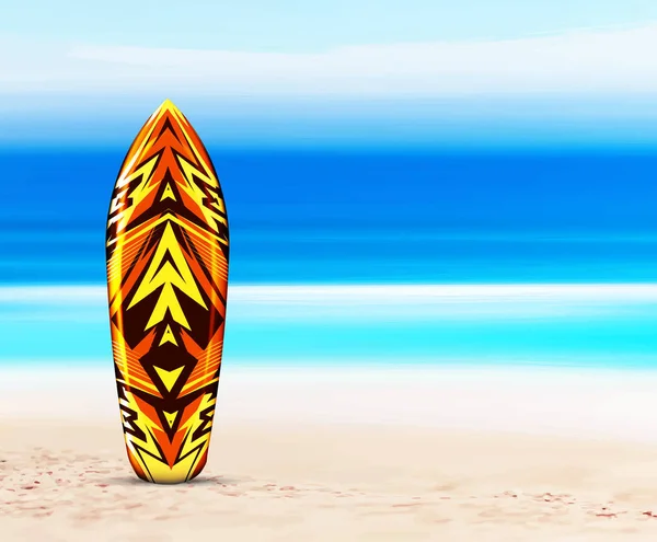 Surfplank op het strand, tegen de achtergrond van de zee of de Oceaan. Vector illustratie in een tropische stijl. Hawaiian design — Stockvector