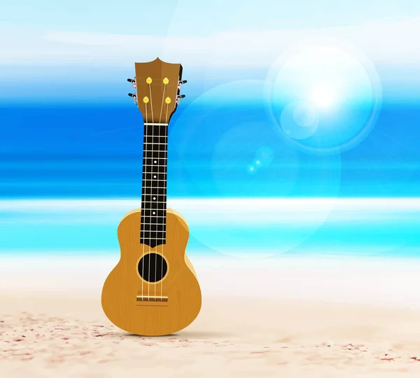 Ukulele on the beach, against the background of the sea or ocean. Vector illustration in a tropical style. — Stock Vector