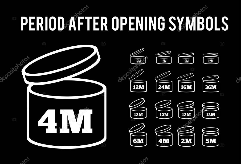 The sign of the shelf life of cosmetics and other goods. Period after opening. PAO. Set of icons of various thicknesses and with different angles for your design. Vector illustration on black