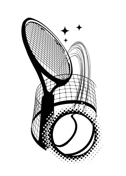 Tennis ball with a tennis racket kicking through the net — Stock Vector