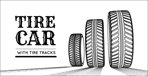 Pneus de carro com marcas de pneus em um fundo branco. Desenho desenhado à mão —  Vetores de Stock