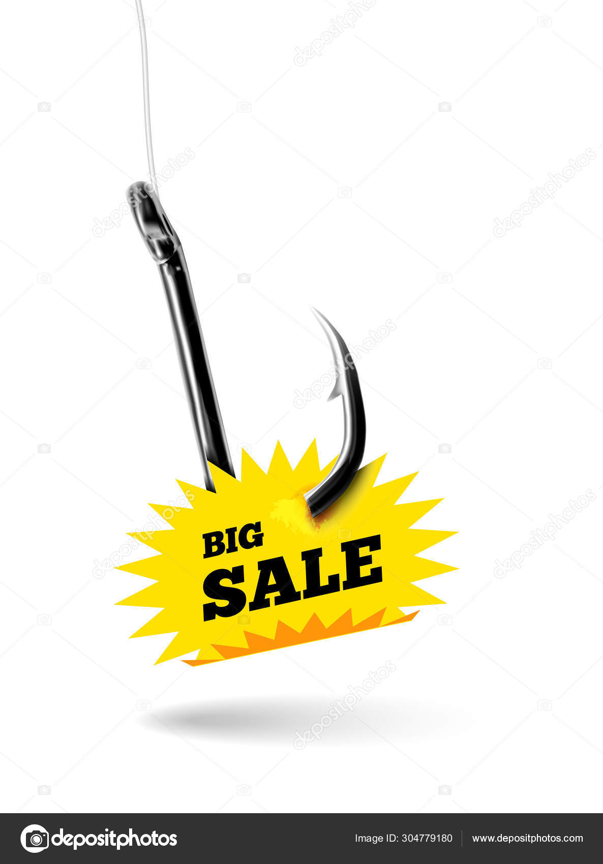 Fishing hook with label price tag with text big sale. Vector