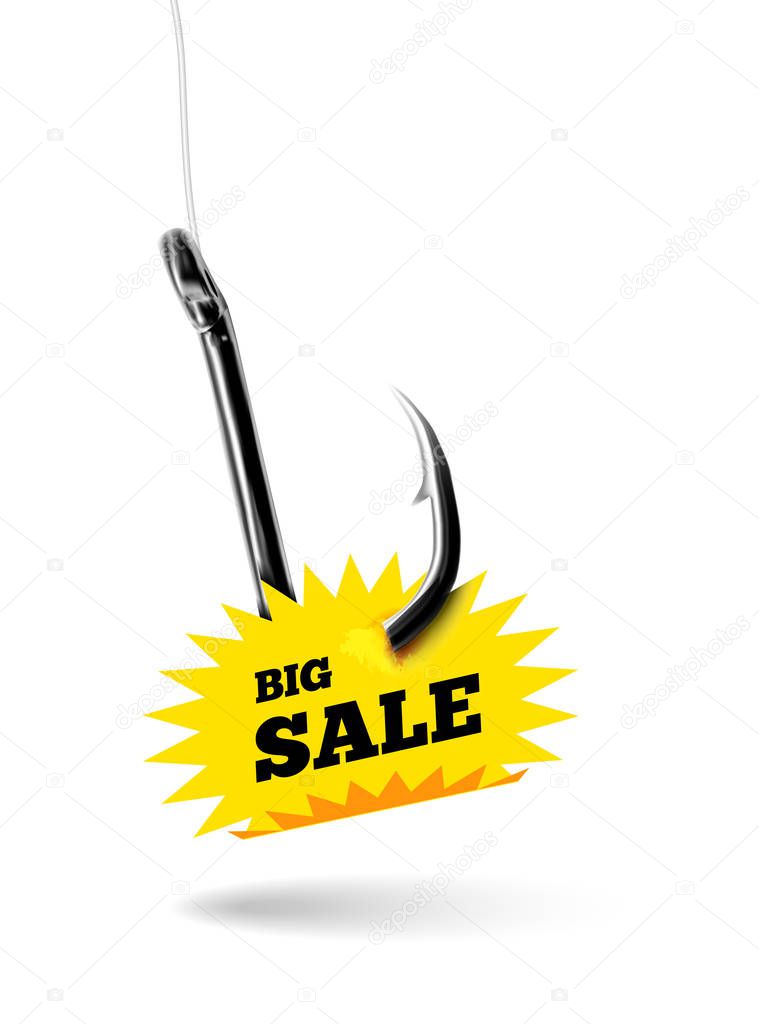 Fishing hook with label price tag with text big sale. Vector illustration