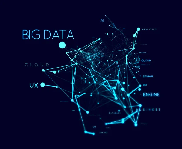 Concetto di Big Data nel word tag cloud con connessione a punti e linee in plexud. Sfondo geometrico — Foto Stock