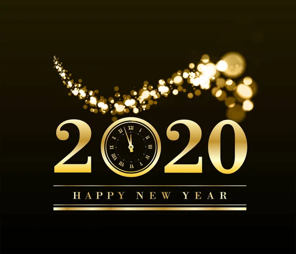 Felice anno nuovo 2020 con particelle d'oro e un orologio nel numero zero. Illustrazione dorata vettoriale — Vettoriale Stock