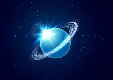 Uranüs gezegeni, yıldızlı uzay arka planında. Astrolojideki gezegen, modern teknoloji ve yeniliklerden sorumludur. Vektör