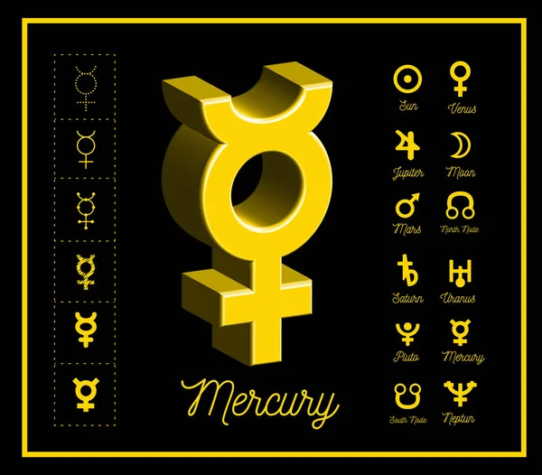 Planeta Mercur semnează cu alte simboluri astrologice ale planetelor pe fundal negru. Vector — Vector de stoc