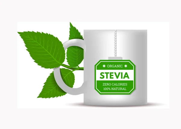 Tasse avec feuilles de stévia sur fond blanc. Illustration vectorielle — Image vectorielle
