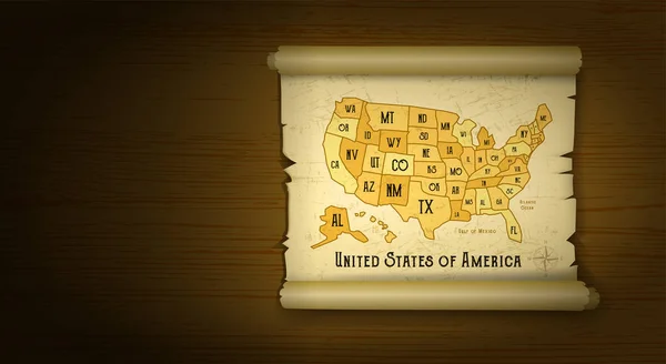 Vecchio Usa Mappa Vettoriale Illustrazione Sfondo Legno Con Bussola Stile — Vettoriale Stock