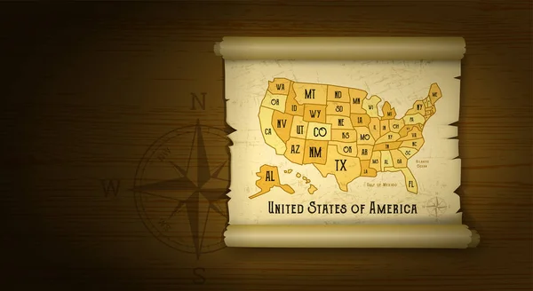 Vecchio Usa Mappa Vettoriale Illustrazione Sfondo Legno Con Bussola Stile — Vettoriale Stock