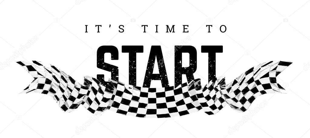 Checkered flag with the word Start. T-shirt design on white background