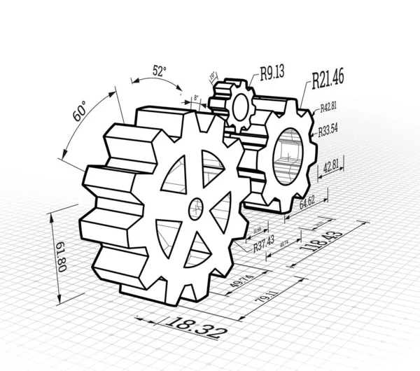 Set Gears White Background Illustration Blueprint Style — Stock Photo, Image