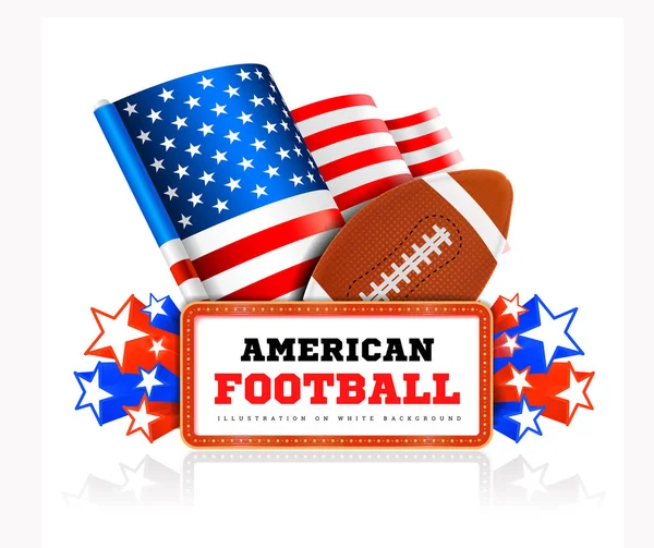 Marquee fórumon bejelentés amercain labdarúgó labda és amerikai zászló fehér. — Stock Fotó