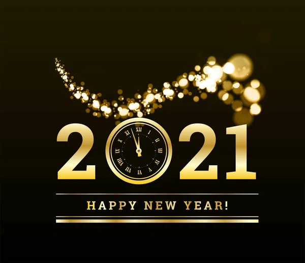 Boldog új évet 2021-ben arany részecskékkel és egy órával a nulladik számban. arany illusztráció — Stock Fotó