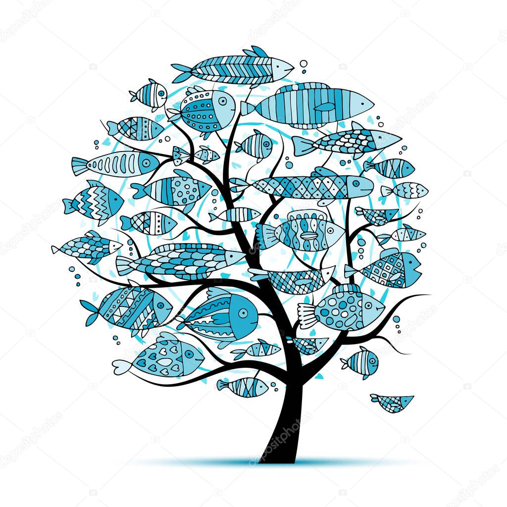 Art fish tree, sketch for your design. Vector illustration
