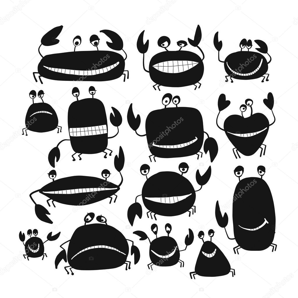 Funny friends crabs, black silhouette for your design. Vector illustration