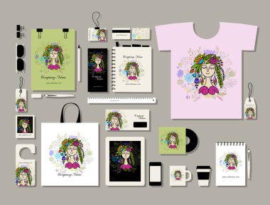 Kurumsal düz mock-up şablon, çiçek kız tasarım