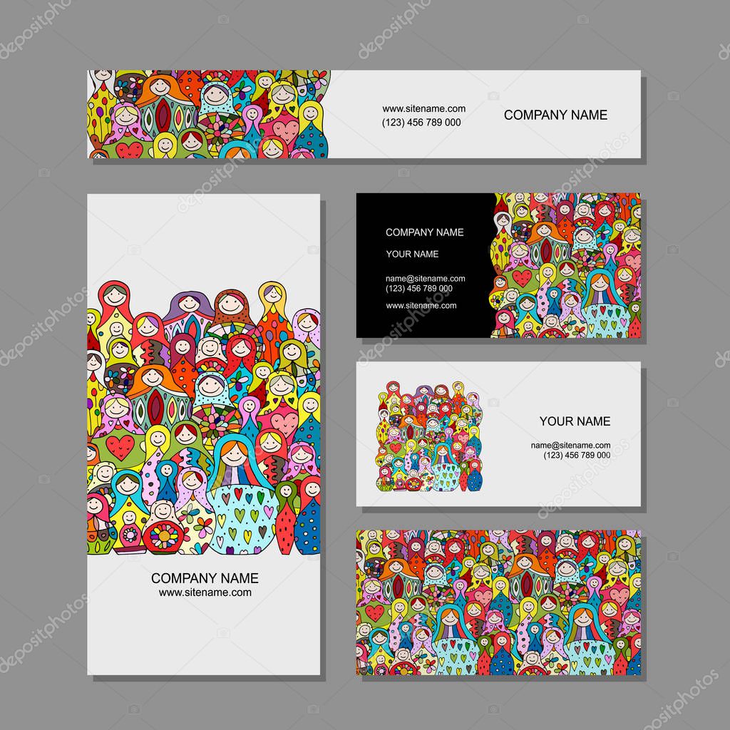 Business cards set, Matryoshka, russian nesting dolls design