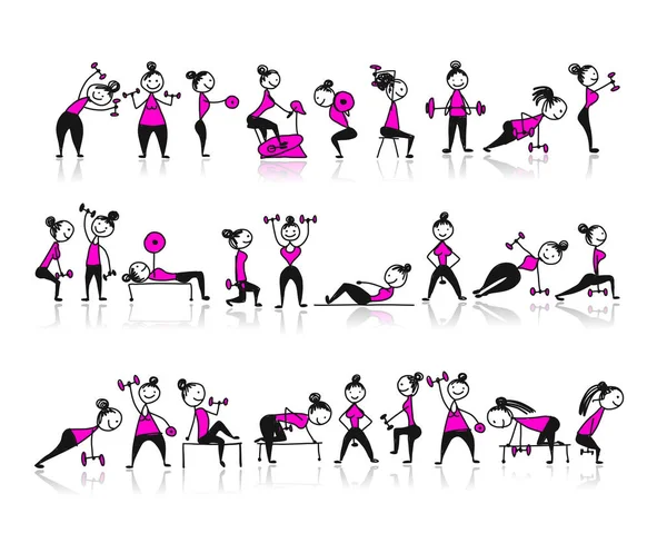 Girls doing sport exercises, sketch for your design — Stock Vector