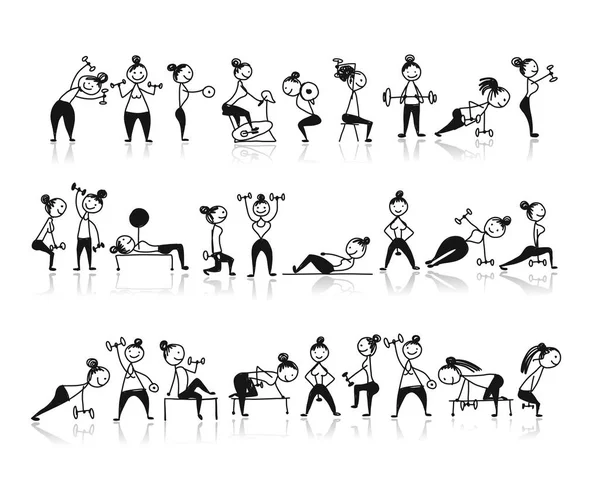 Chicas haciendo ejercicios deportivos, bosquejo para su diseño — Vector de stock