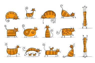 Tasarımınız için sevimli çizgili kediler aile, kroki