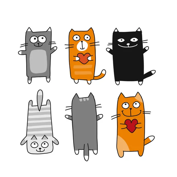 Funny Cats Collection Sketch Your Design Vector Illustration — Stock Vector