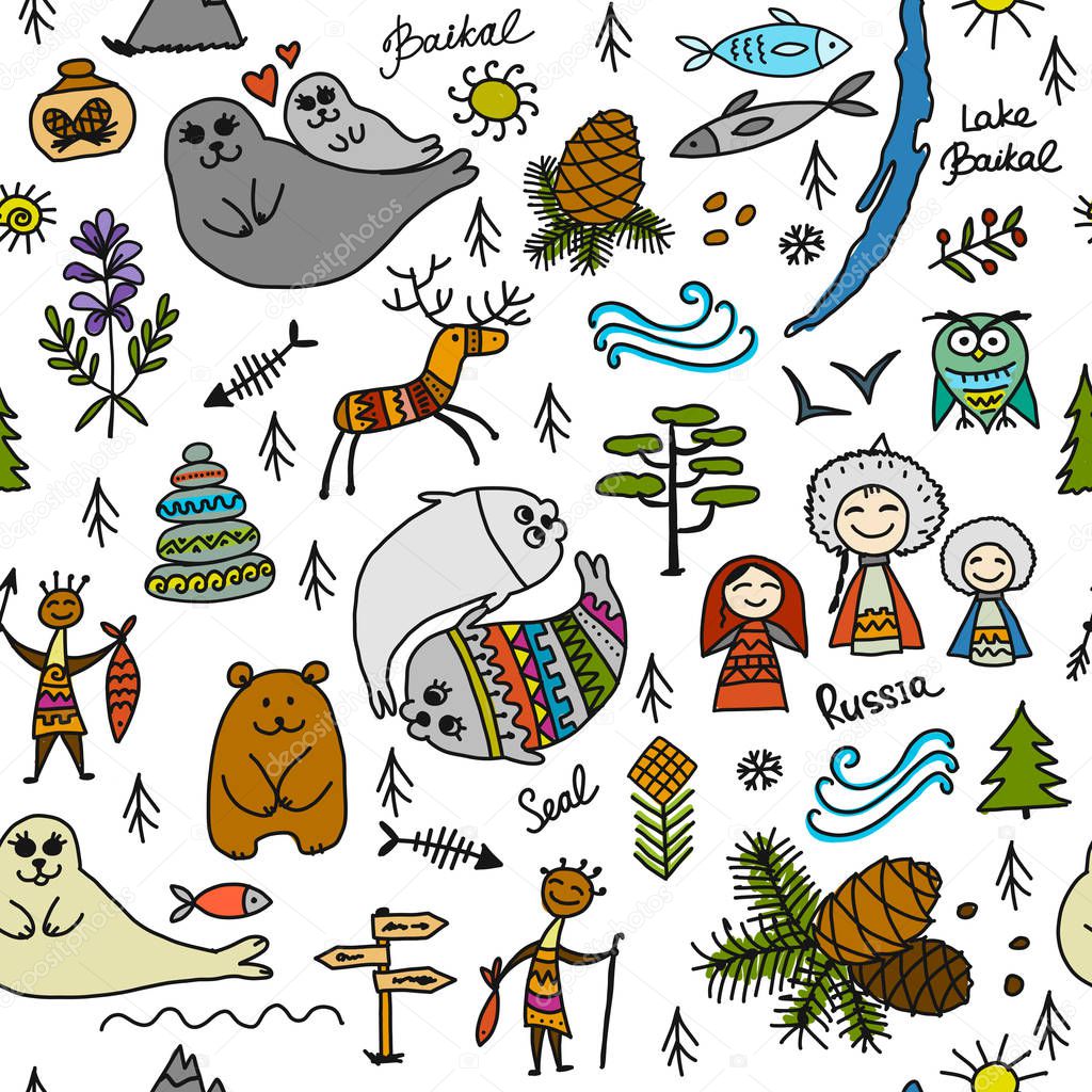 Travel to Baikal, Russia. Seamless pattern for your design