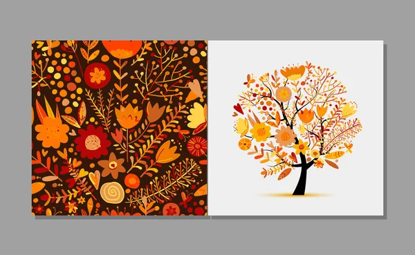 Cartão de saudação com árvore floral, cores do outono. Esboço para o seu projeto — Vetor de Stock