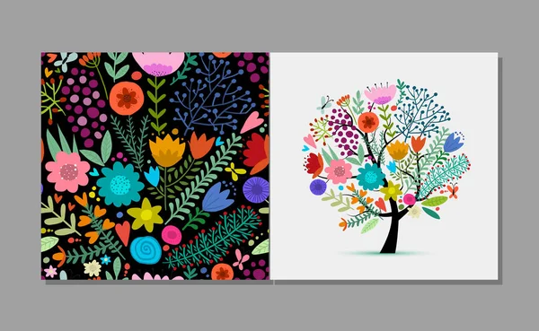 Biglietto di auguri con albero floreale, colori estivi. Schizzo per il tuo design — Vettoriale Stock