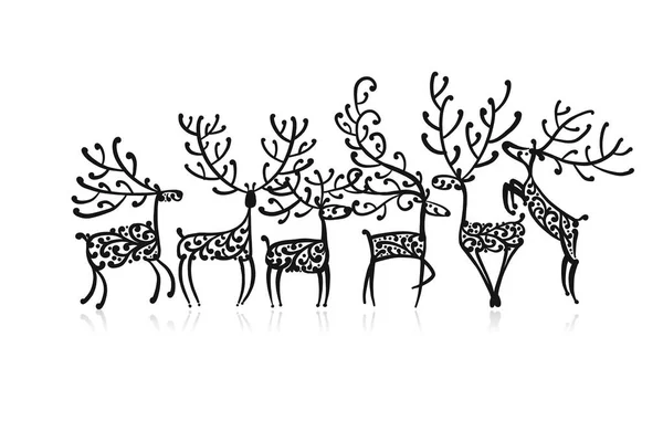 あなたのデザインの華やかな鹿の家族、スケッチ — ストックベクタ