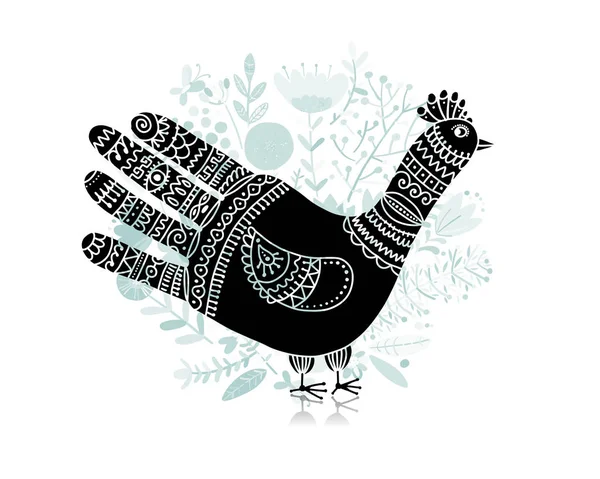 Forma de pájaro hecha de palma de mano y dedos, boceto adornado para su diseño . — Archivo Imágenes Vectoriales