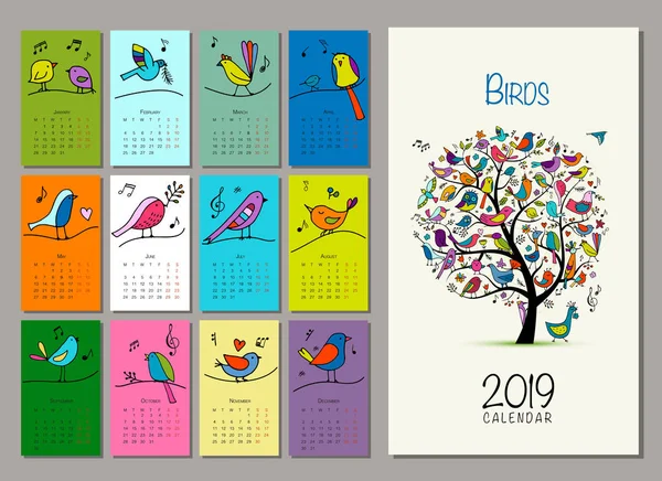 Árvore de pássaros, calendário 2019 design — Vetor de Stock