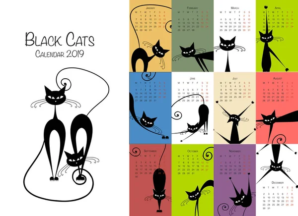 Czarne koty. Projekt kalendarza 2019 — Wektor stockowy