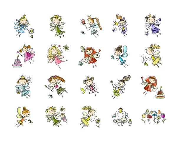 Cute little fairies collection, sketch for your design — Stock Vector