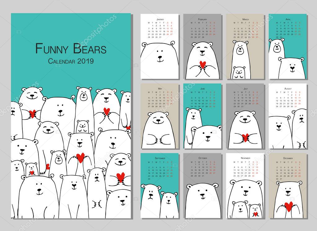 Funny white bears family. Design calendar 2019