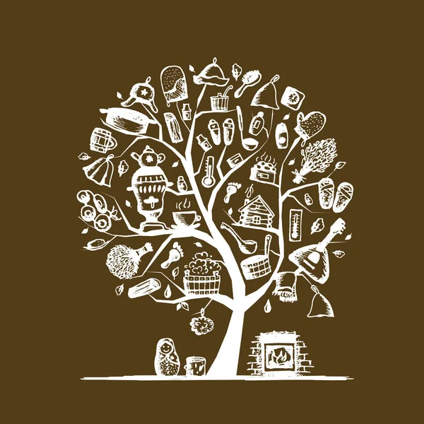 러시아 사우나, 디자인에 대 한 예술 나무 스케치 — 스톡 벡터