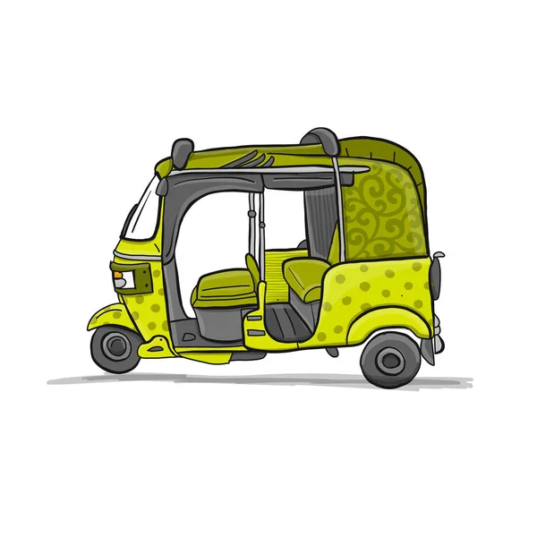 Tuktuk, мотоцикл азіатських таксі. Ескіз для вашого дизайну — стоковий вектор