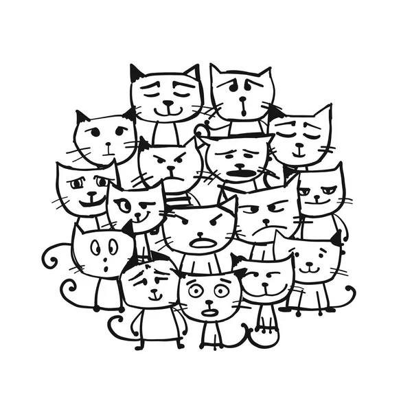 Tasarımınız için kedi ailesi, kroki — Stok Vektör
