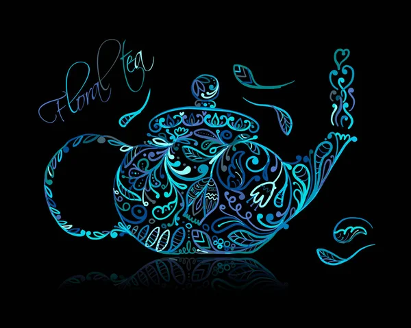 Teapot sketch with floral tea for your design — Stock Vector