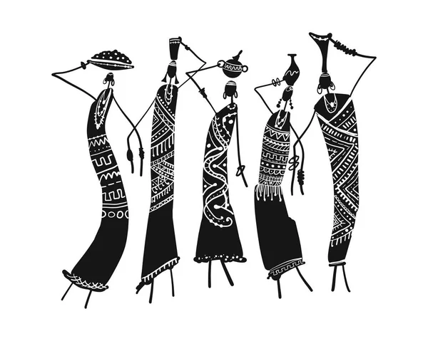 Mujeres africanas con jarras, boceto adornado para su diseño — Vector de stock
