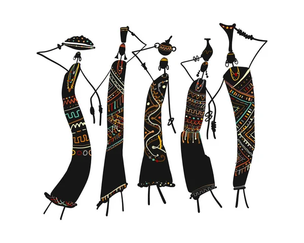 Африканських жінок з глечики, багато прикрашений ескіз для вашого дизайну — стоковий вектор